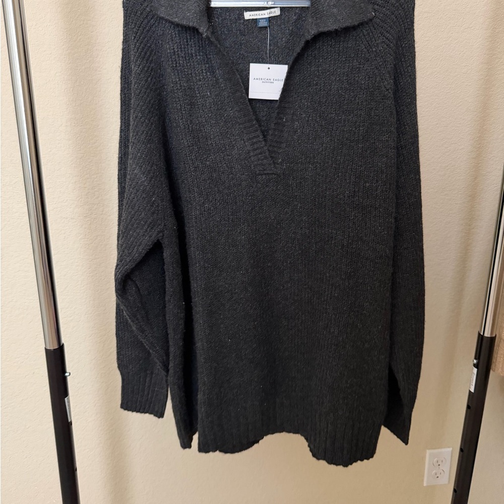 American Eagle Oversized Knit Collared Sweater Charcoal